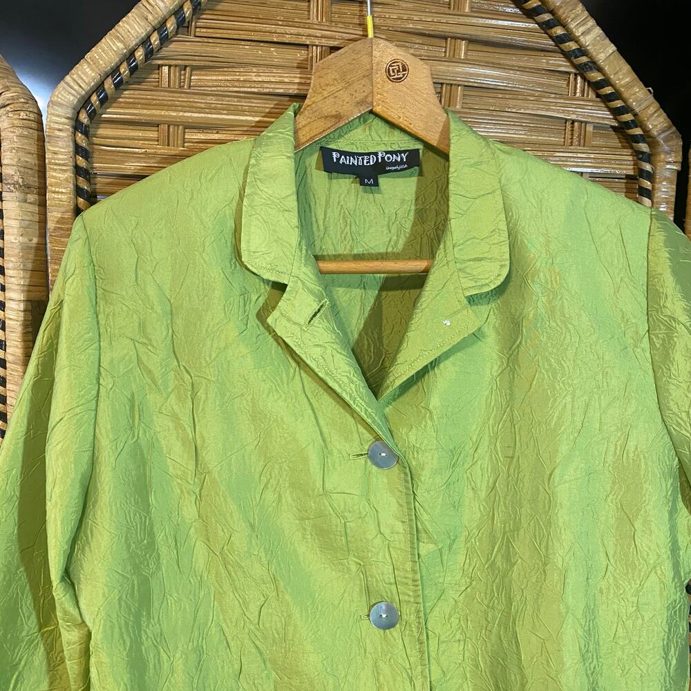 Painted Pony Lime Green Crinkle Textured Button Jacket Artsy Lagenlook Medium - Picture 4 of 7